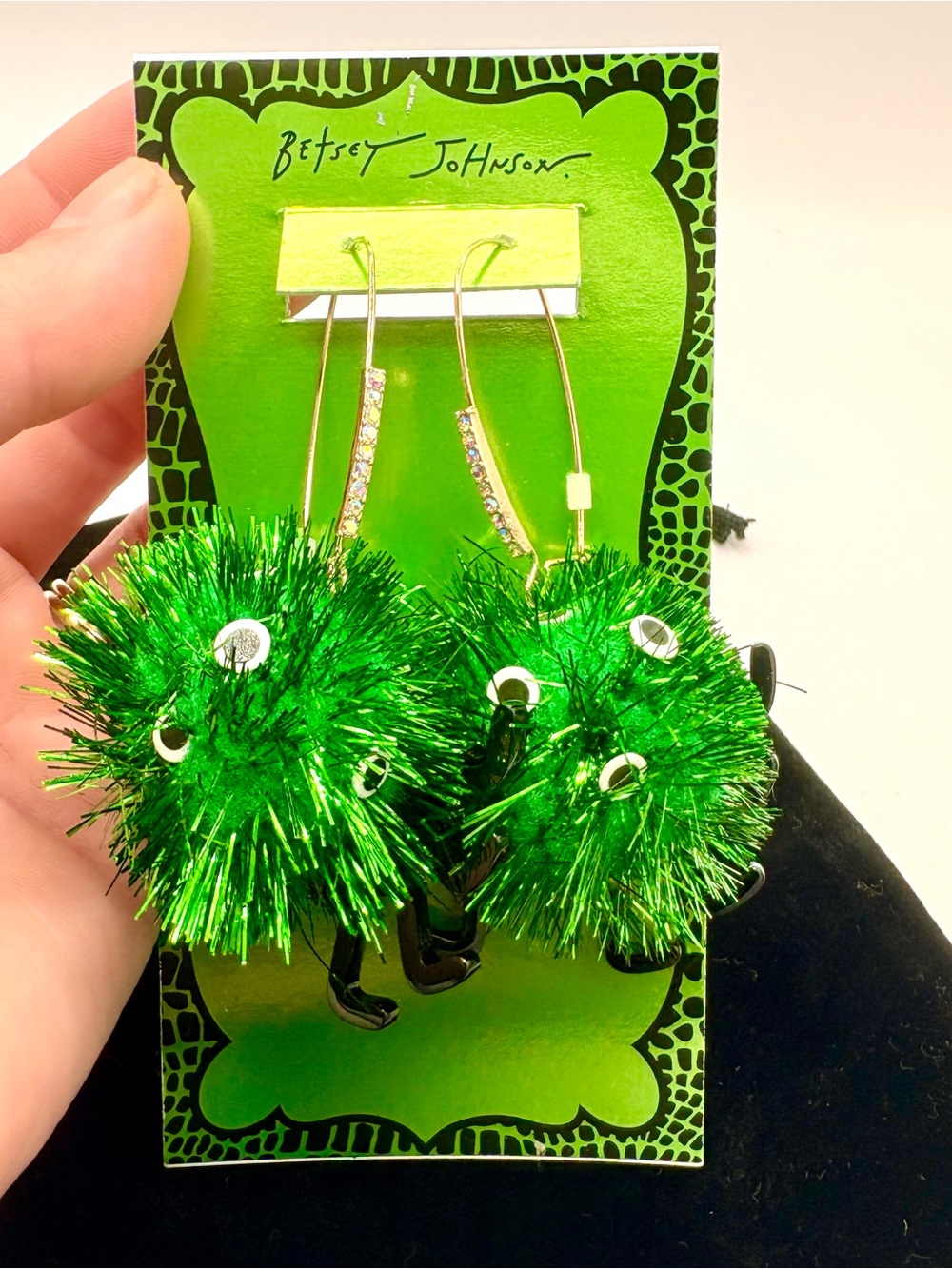 Betsey Johnson Green Tinsel Pom-Pom Green Eyed Monster Earrings